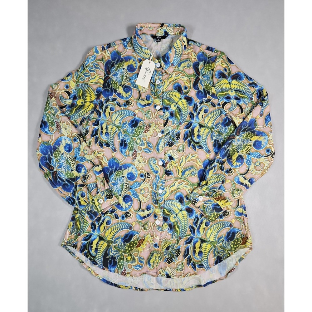 ShallWe Womens‎ Blue Medallion Paisley Button Front Shirt Size Medium NWT